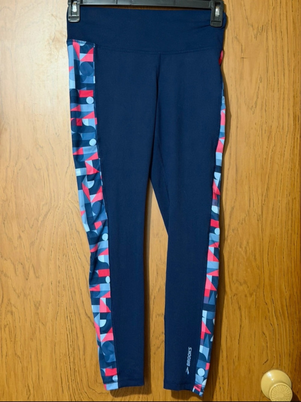 Brooks Navy Leggings with Pink & Light Blue Geo Side Panels